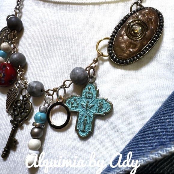 Alquimia Blue and Red Charm Necklace with Vintage Accents - Picture 4 of 5